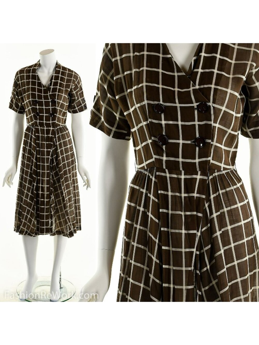50s Brown windowpane plaid Summer Dress
